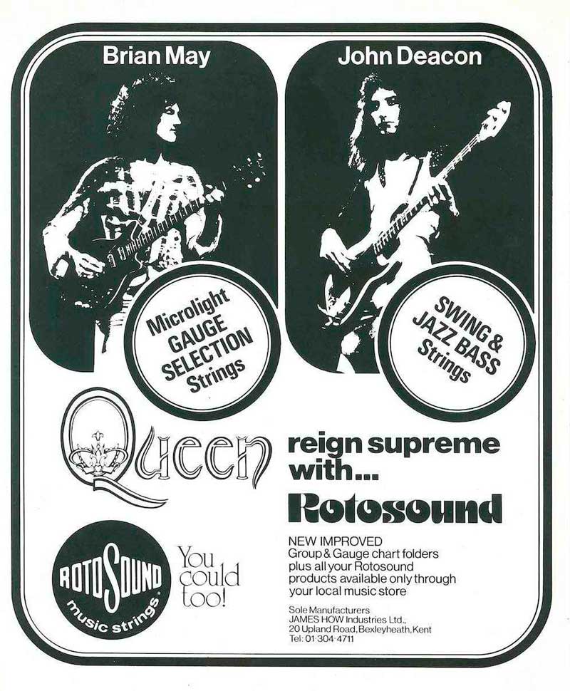 Brian May et John Deacon de Queen commencent à utiliser les cordes Rotosound.